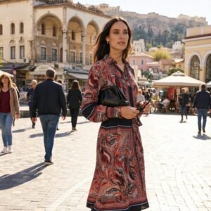 Γυναίκα περπατά σε πλατεία πόλης φορώντας midi φόρεμα με κόκκινο και μαύρο paisley μοτίβο, μαύρη ζώνη στη μέση και μαύρες ψηλές μπότες με τακούνι. Κρατά μαύρη τσάντα χειρός και γυαλιά ηλίου, με αστικό φόντο και νεοκλασικά κτίρια στο βάθος.