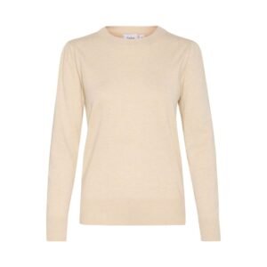 Μπεζ πλεκτή μπλούζα με μακρύ μανίκι και στρογγυλή λαιμόκοψη, μπροστινή όψη.