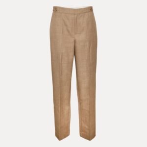 Εμπρόσθια όψη μπεζ υφασμάτινου παντελονιού σε ίσια γραμμή με κουμπιά στη μέση.