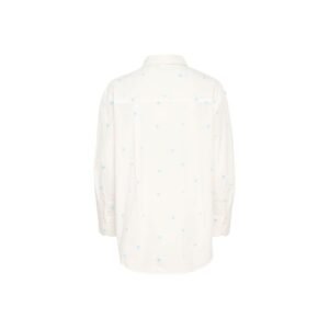 Λευκό γυναικείο πουκάμισο με μακριά μανίκια και μικρές γαλάζιες καρδιές, πίσω όψη.