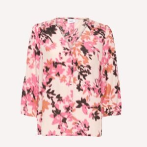 Γυναικεία φλοράλ μπλούζα με V λαιμόκοψη και κουμπιά μπροστά σε αποχρώσεις ροζ, πορτοκαλί και καφέ.