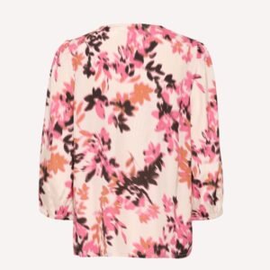 Πίσω όψη γυναικείας φλοράλ μπλούζας Saint Tropez με μακρόστενο εμπριμέ μοτίβο σε ροζ, πορτοκαλί και καφέ.