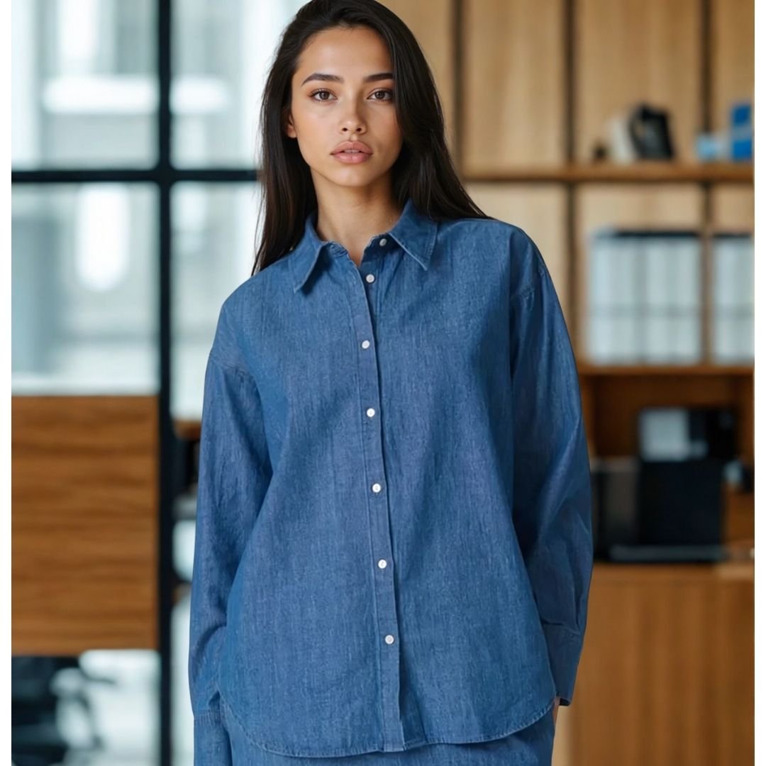Γυναίκα φορά denim πουκάμισο σε μεσαίο μπλε χρώμα από 100% βαμβάκι. Το πουκάμισο έχει ίσια, χαλαρή εφαρμογή, κλασικό γιακά και κουμπιά σε όλο το μήκος. Το στυλ είναι casual chic, ιδανικό για το γραφείο ή καθημερινές εμφανίσεις. Η φωτογράφιση γίνεται σε εσωτερικό χώρο με φυσικό φωτισμό και φόντο μοντέρνου γραφείου με ξύλινες λεπτομέρειες.