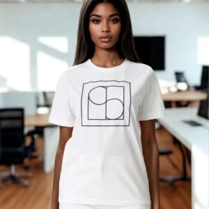 Γυναίκα με μακριά σκούρα μαλλιά φοράει λευκό t-shirt με μίνιμαλ μαύρο γεωμετρικό σχέδιο στο στήθος, σε μοντέρνο επαγγελματικό περιβάλλον γραφείου με φυσικό φωτισμό και ξύλινο πάτωμα. Το στυλ είναι casual-chic, με καθαρή, κομψή αισθητική.