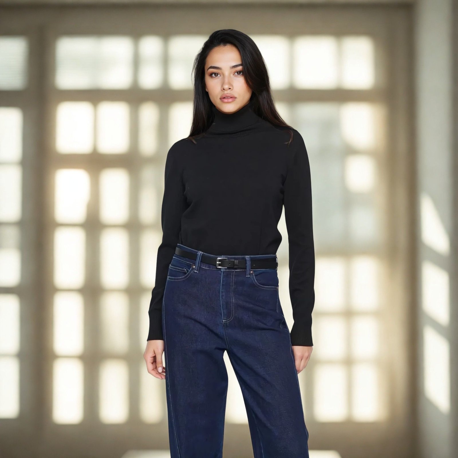 «Γυναίκα φοράει μαύρο πλεκτό ζιβάγκο με μακριά μανίκια και σκούρο μπλε ψηλόμεσο τζιν με ζώνη. Ποζάρει σε φωτεινό εσωτερικό χώρο με μεγάλα παράθυρα στο φόντο, δημιουργώντας κομψή και ζεστή ατμόσφαιρα που αναδεικνύει το διαχρονικό basic στυλ του ρούχου.»