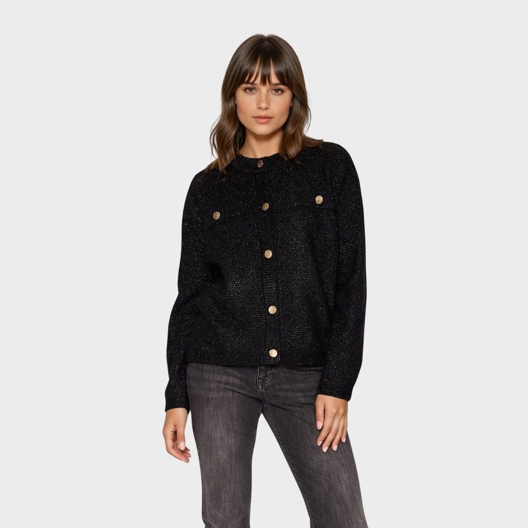 Μαύρη πλεκτή ζακέτα με χρυσά κουμπιά