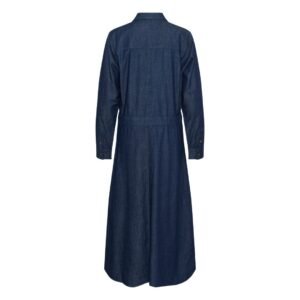 (προϊόν πίσω όψη) «Πίσω όψη denim πουκαμισοφορέματος σε dark indigo χρώμα, με ραφές στο πίσω μέρος και ελαφρώς τονισμένη μέση, σε λευκό φόντο.»