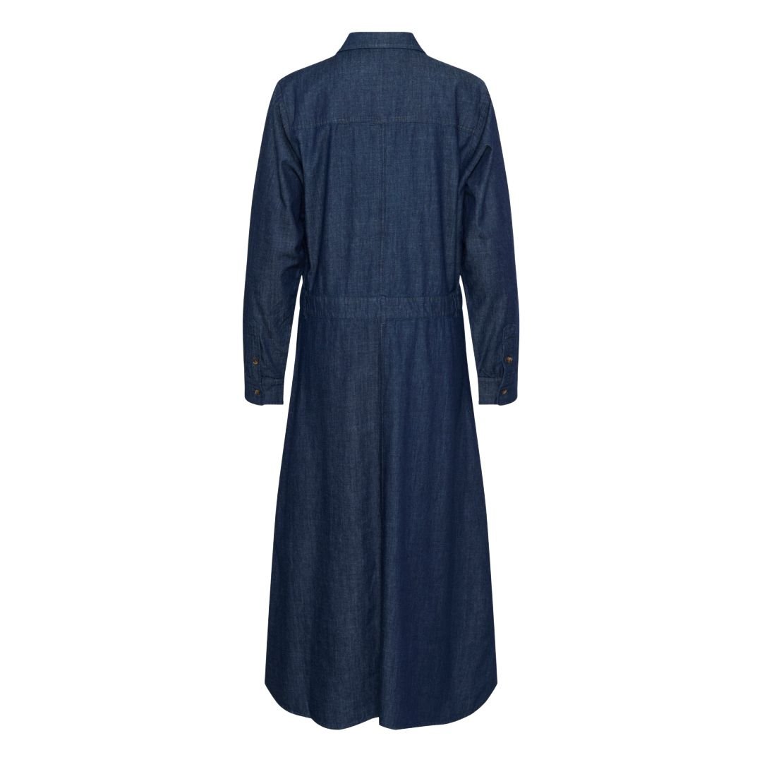 4-30408497 (προϊόν πίσω όψη) «Πίσω όψη denim πουκαμισοφορέματος σε dark indigo χρώμα, με ραφές στο πίσω μέρος και ελαφρώς τονισμένη μέση, σε λευκό φόντο.»