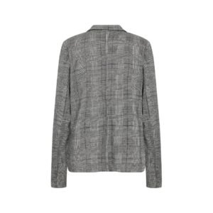 Πίσω πλευρά γυναικείου καρό σακακιού σε αποχρώσεις του γκρι, με ίσια γραμμή και καθαρό τελείωμα, φωτογραφημένο σε λευκό φόντο.