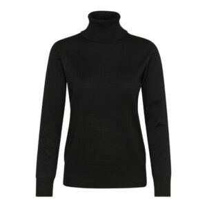 "Το μαύρο πλεκτό ζιβάγκο σε επίπεδη παρουσίαση, μπροστινή όψη. Διακρίνεται ο ψηλός γιακάς και τα ριμπ τελειώματα σε μανίκια και στρίφωμα."