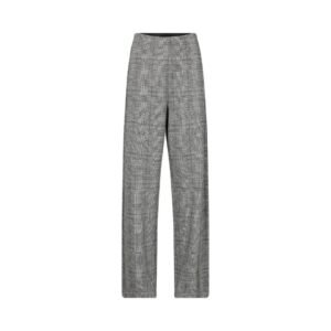 «Μπροστινή όψη του γκρι καρό παντελονιού σε λευκό φόντο, με εμφανές το ίσιο κόψιμο και τη μίνιμαλ ραφή στη μέση.»