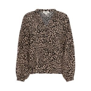 «Εμπριμέ μπλούζα σε μαύρο-μπεζ print με V λαιμόκοψη και balloon μανίκια, φωτογραφημένη επίπεδα σε λευκό φόντο.»