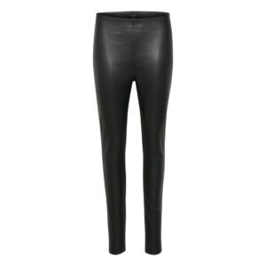 «Μαύρο δερμάτινο κολάν τύπου παντελόνι, εφαρμοστό με ψηλή μέση και ίσια γραμμή. Φωτογραφία χωρίς μοντέλο, φόντο λευκό.