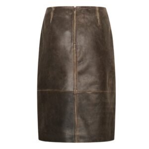 Midi δερμάτινη pencil φούστα σε ξεθωριασμένο μαύρο χρώμα, πίσω όψη με φερμουάρ.