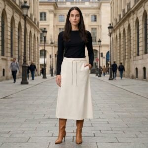 Γυναικείο σύνολο με μίντι εκρού φούστα σε Α γραμμή και μαύρη μακρυμάνικη μπλούζα, με δέσιμο στη μέση και πρακτικές τσέπες. Το look ολοκληρώνεται με καφέ δερμάτινες μπότες μέχρι το γόνατο. Η φωτογραφία είναι σε αστικό περιβάλλον με κλασική αρχιτεκτονική, αποδίδοντας κομψό και minimal office style.