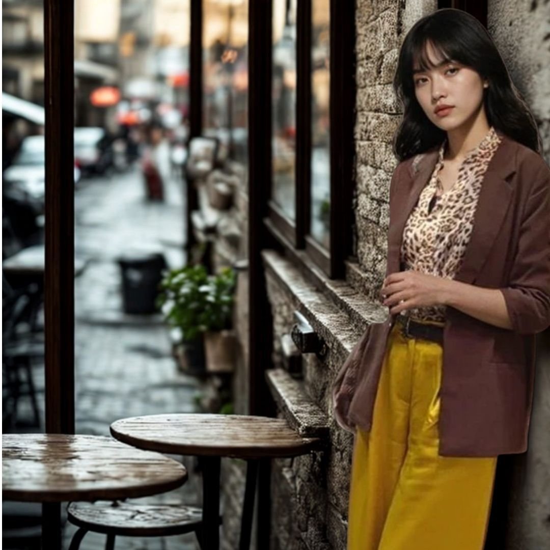 «Γυναικείο outfit σε δρόμο πόλης με θολό φόντο καφέ και τραπεζιών. Μοντέλο φορά σατινέ παντελόνι σε έντονο κίτρινο χρώμα, leopard μπλούζα και καφέ σακάκι.