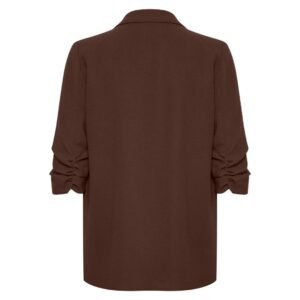 «Πίσω όψη σοκολατί καφέ blazer Soaked in Luxury, με ίσια πλάτη και μανίκια 3/4 με σούρα. Λευκό, ουδέτερο φόντο.»