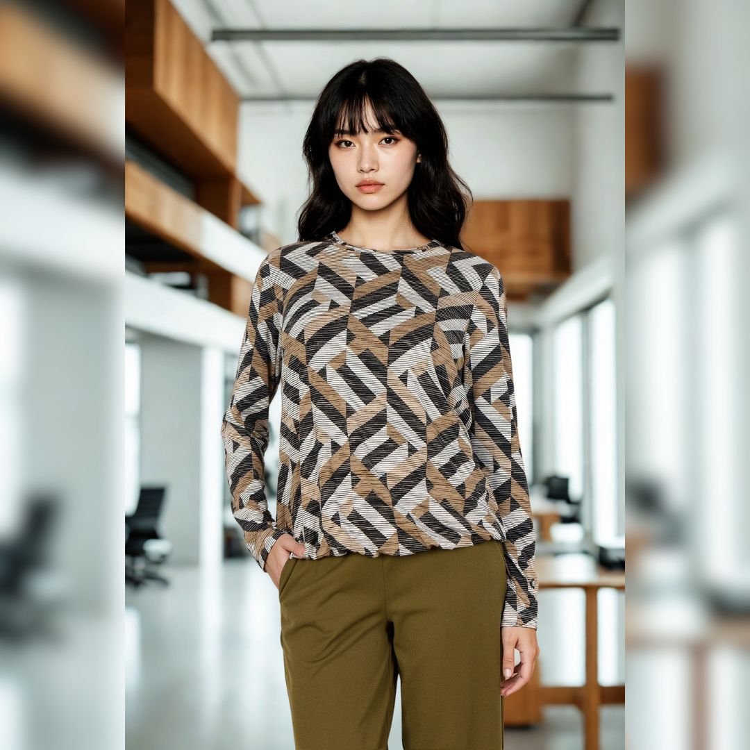 Μοντέλο φορά μπλούζα με γεωμετρικό μοτίβο σε αποχρώσεις καφέ, γκρί και μαύρου, με στρογγυλή λαιμόκοψη και μακριά μανίκια. Συνδυάζεται με χακί παντελόνα σε ίσια γραμμή. Η φωτογράφιση πραγματοποιείται σε μοντέρνο, φωτεινό επαγγελματικό περιβάλλον με minimal αισθητική.