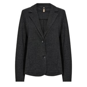 «Γυναικείο blazer σε ανθρακί χρώμα, με γιακά πέτο και δύο κουμπιά, τοποθετημένο επίπεδο σε λευκό φόντο. Το ύφασμα έχει απαλή υφή και ελαφριά ελαστικότητα.»