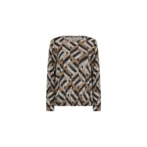 Μπλούζα με στρογγυλή λαιμόκοψη και γεωμετρικό μοτίβο, λήψη χωρίς μοντέλο σε λευκό φόντο. Αναδεικνύεται η ισορροπημένη χρωματική παλέτα και η λεπτομέρεια του υφάσματος.