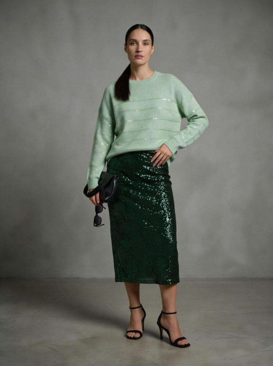 Γυναίκα μοντέλο φοράει ανοιχτό πράσινο πλεκτό πουλόβερ με διακριτικές παγιέτες και σκούρα πράσινη midi φούστα με παγιέτες, συνδυασμένη με μαύρα πέδιλα με λεπτό τακούνι. Κρατά μαύρη τσάντα χειρός και γυαλιά ηλίου, σε ουδέτερο γκρι φόντο στούντιο.