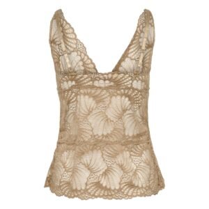 Πίσω όψη δαντελένιου τοπ σε ζεστό μπεζ με λεπτές τιράντες και ημιδιάφανη δαντέλα, σε λευκό φόντο.