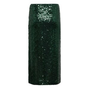 Πίσω όψη πράσινης midi φούστας με παγιέτες, ελαστική μέση και καθαρό τελείωμα, σε λευκό φόντο.