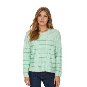 Γυναικείο mint πλεκτό πουλόβερ με χαλαρή εφαρμογή, στρογγυλή λαιμόκοψη και διακριτικές οριζόντιες ρίγες με ελαφριά λάμψη, φορεμένο με σκούρο τζιν, σε λευκό φόντο.