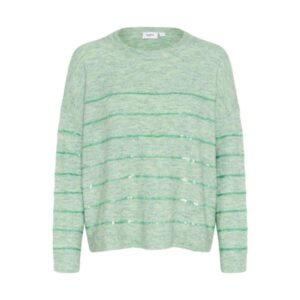 Mint πλεκτό πουλόβερ με χαλαρή εφαρμογή, στρογγυλή λαιμόκοψη και λεπτές οριζόντιες ριγέ λεπτομέρειες με διακριτική λάμψη, σε ουδέτερο λευκό φόντο.