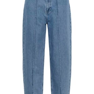 Γυναικείο μπλε denim παντελόνι σε ίσια γραμμή με μπροστινές ραφές και ψηλόμεση εφαρμογή, μπροστινή όψη προϊόντος σε ουδέτερο φόντο.