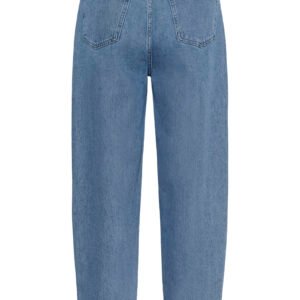 Πίσω όψη γυναικείου μπλε denim παντελονιού σε ίσια γραμμή με ψηλόμεση εφαρμογή και πίσω τσέπες σε ουδέτερο φόντο.