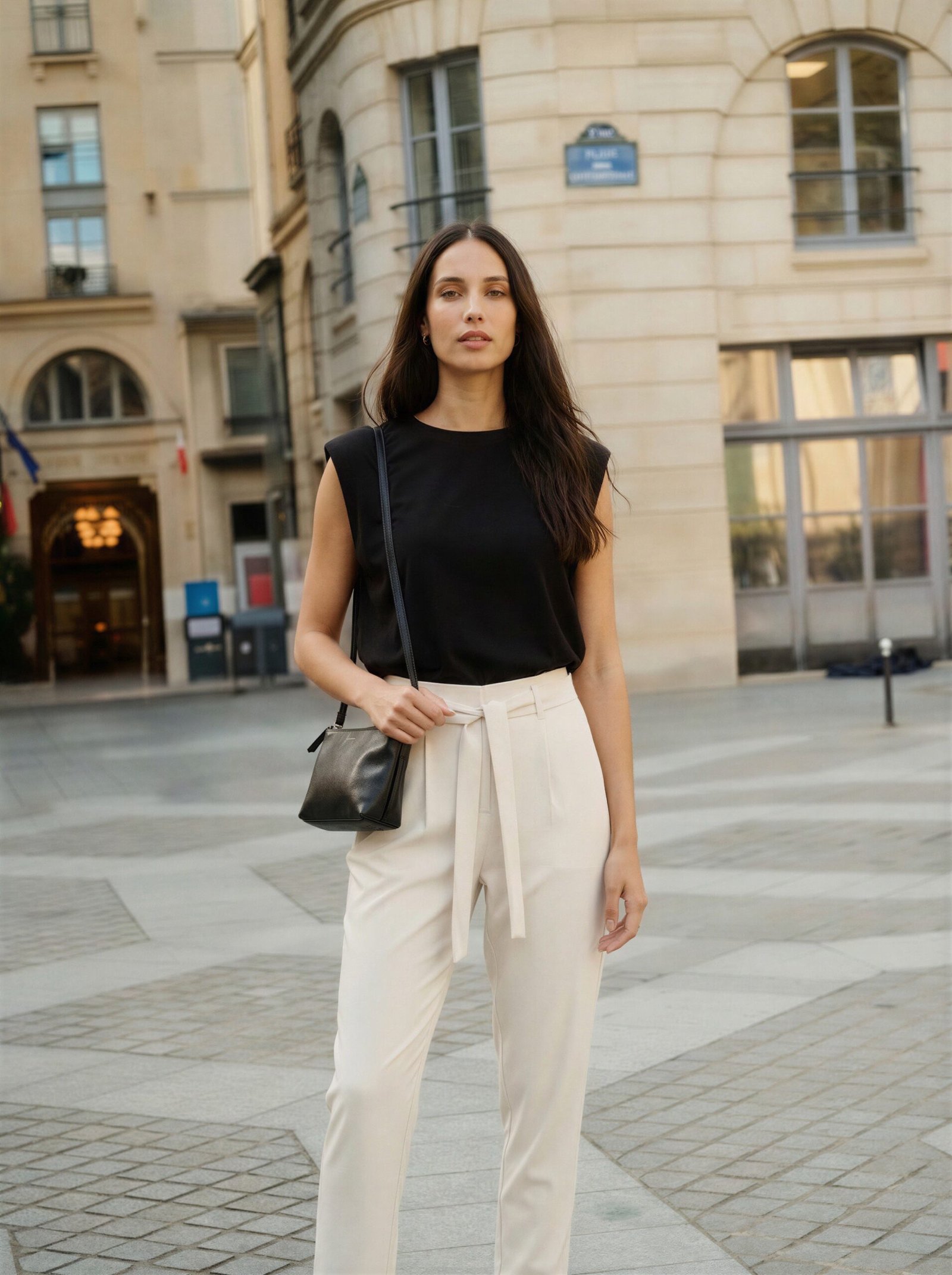 Alt text Γυναίκα φορά εκρού ψηλόμεσο παντελόνι με ζώνη και μαύρο αμάνικο top, συνδυασμένο με μαύρη τσάντα ώμου, σε κομψό urban look, φωτογραφημένη σε ευρωπαϊκό δρόμο πόλης με κλασικά κτίρια στο φόντο.
