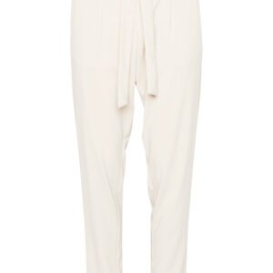 Γυναικείο εκρού παντελόνι με ψηλόμεση εφαρμογή και ζώνη που δένει μπροστά, tapered γραμμή και μαλακό ύφασμα με ελαστικότητα, φωτογραφημένο σε λευκό studio φόντο για fashion e-shop.