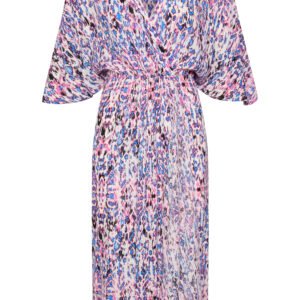 Μπροστινή όψη από μίντι κρουαζέ φόρεμα με abstract print σε ροζ, γαλάζιους, λευκούς και σκούρους τόνους, με ελαστική μέση, φαρδιά μανίκια 3/4 και ασύμμετρη κρουαζέ φούστα, σε ουδέτερο γκρι φόντο.