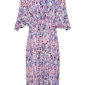 Πίσω όψη από μίντι φόρεμα με abstract print σε ροζ και γαλάζιες αποχρώσεις, με χαλαρή γραμμή, φαρδιά μανίκια και ελαστική μέση, φωτογραφημένο σε ουδέτερο γκρι φόντο.