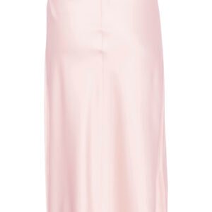 Πίσω όψη μίντι σατέν φούστας σε ροζ πούδρα με διακριτική ραφή στο κέντρο, απαλή υφή και κομψή ροή, σε λευκό φόντο.