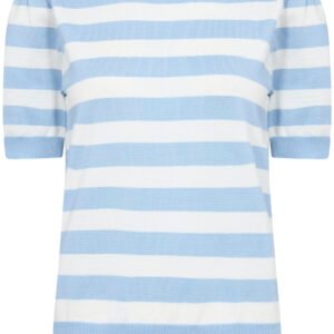 Γυναικείο κοντομάνικο πλεκτό top με οριζόντιες γαλάζιες και λευκές ρίγες, στρογγυλή λαιμόκοψη και rib τελείωμα, λεπτή πλεκτή υφή σε καθαρό studio φόντο.