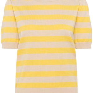 Γυναικείο πλεκτό ριγέ top σε μπεζ και λεμονί αποχρώσεις με κοντό μανίκι, στρογγυλή rib λαιμόκοψη και εφαρμογή που αγκαλιάζει το σώμα, φωτογραφημένο σε καθαρό studio φόντο.