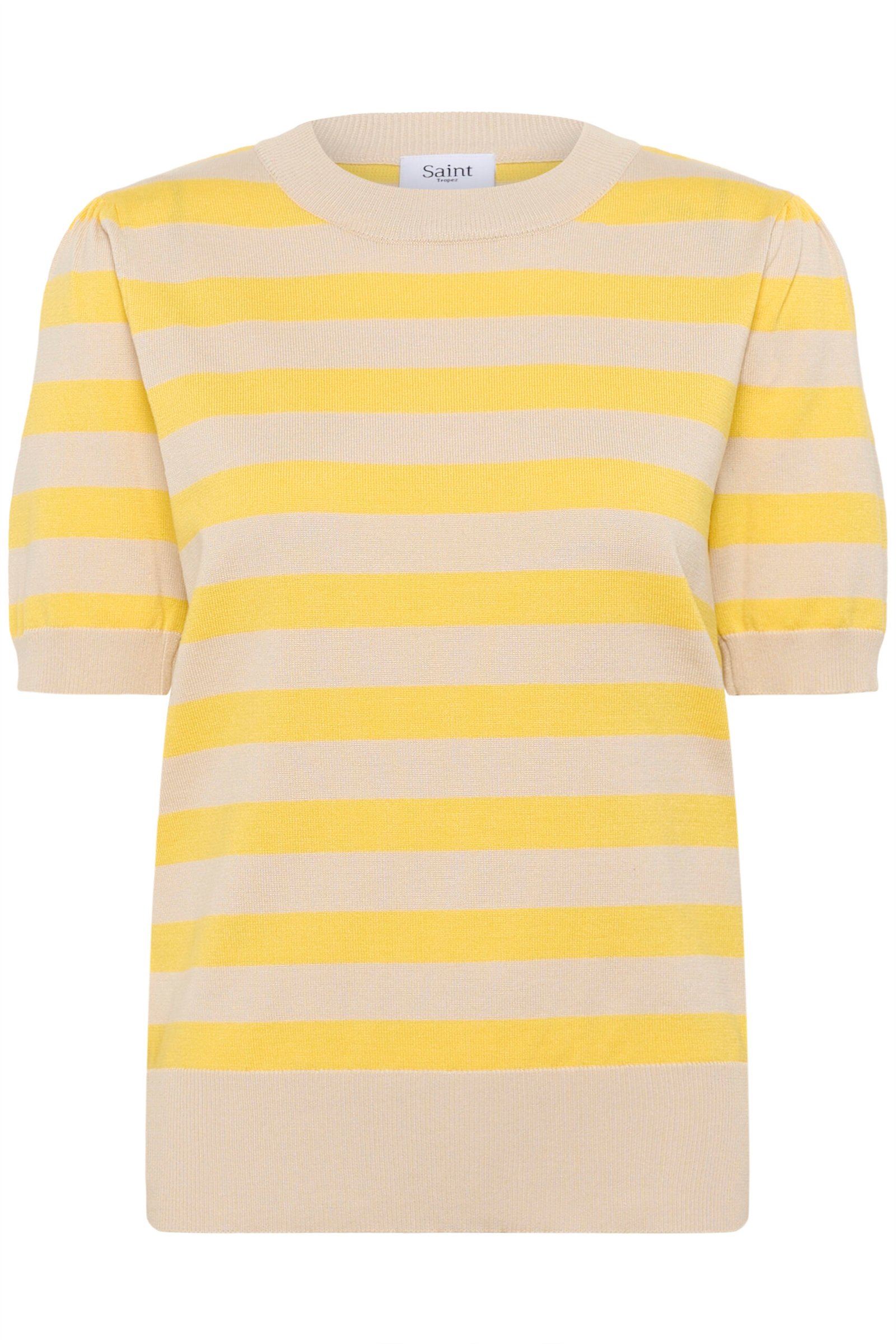 30513931_303905_100 Γυναικείο πλεκτό ριγέ top σε μπεζ και λεμονί αποχρώσεις με κοντό μανίκι, στρογγυλή rib λαιμόκοψη και εφαρμογή που αγκαλιάζει το σώμα, φωτογραφημένο σε καθαρό studio φόντο.