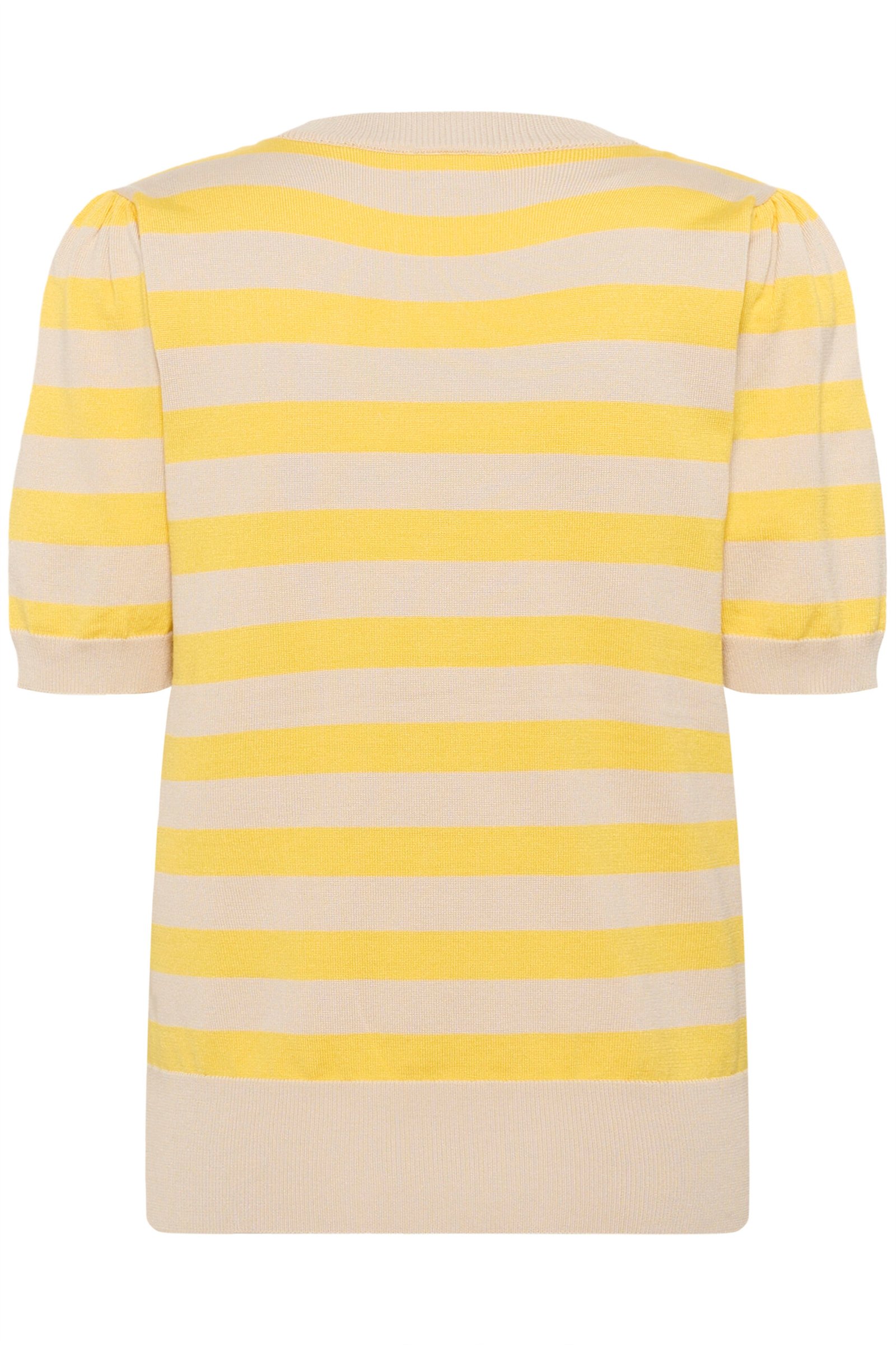 30513931_303905_200 Γυναικείο πλεκτό ριγέ top σε cream και λεμονί κίτρινες ρίγες, κοντό μανίκι με ελαφρύ όγκο στους ώμους και rib τελείωμα, φωτογράφιση πλάτης σε ουδέτερο studio φόντο.