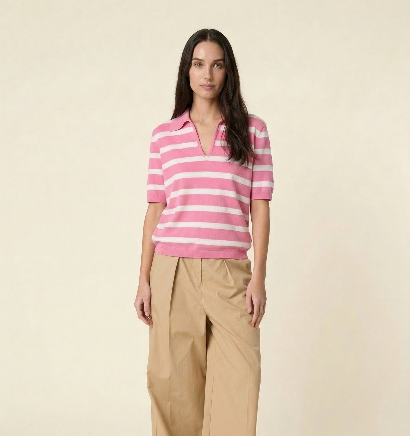 Ριγέ Πλεκτή Μπλούζα Polo με Κοντό Μανίκι – Ροζ & Εκρού