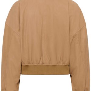 Πίσω όψη γυναικείου bomber jacket καμηλό σε σουέντ υφή με cropped εφαρμογή και ελαστικό τελείωμα, minimal παρουσίαση σε λευκό φόντο