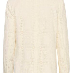 Πίσω όψη από εκρού δαντελένιο σακάκι Soaked in Luxury με crochet patchwork υφή, χαλαρή γραμμη και boho chic αισθητική σε ουδέτερο studio φόντο.