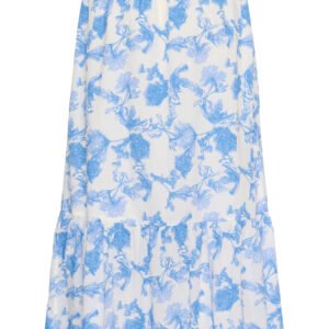 Πίσω όψη maxi φούστας με λευκή βάση και γαλάζιο floral σχέδιο, ελαστική μέση και βολάν στο τελείωμα, σε λευκό φόντο.